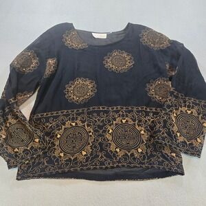 Passports Pier 1 Imports Blouse Women L Black Gold Sheer Asian Medallion Vintage